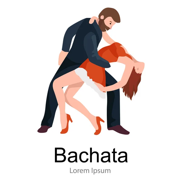 Couple dancing Kizomba in bright costumes. Vector illustration of partners dance bachata, happy peoples man and woman ballroom dancing poster, Bachata, roomba salsa latino dancer concept for poster