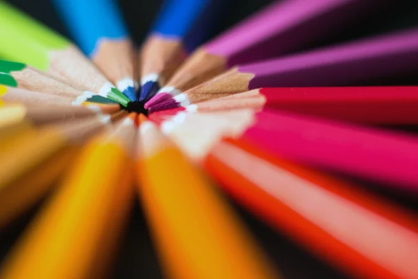 Color pencils in arrange in color wheel. Assortment of colored pencils.
