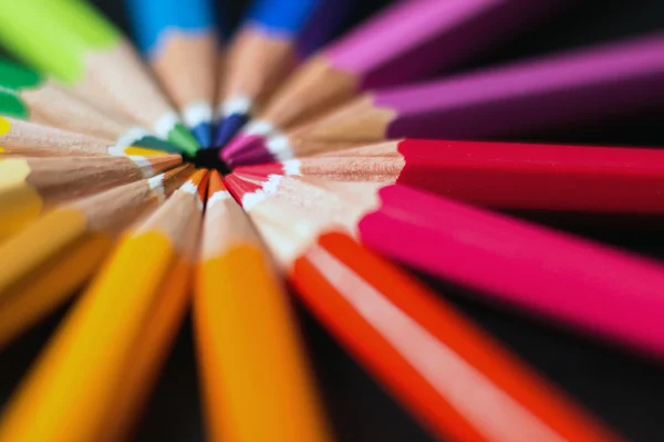Color pencils in arrange in color wheel. Assortment of colored pencils.