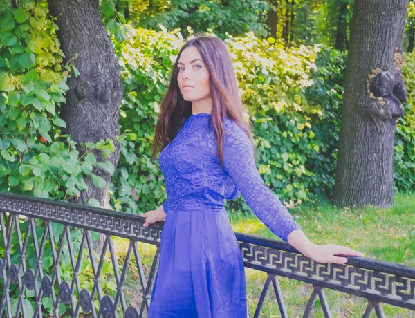 The girl in the blue dress standing at the railing of the bridge