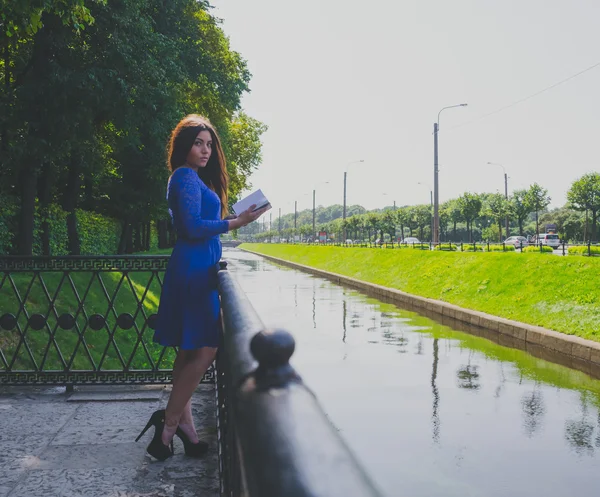 Beautiful girl in dress walking through the Park stopped on the bridge to read.