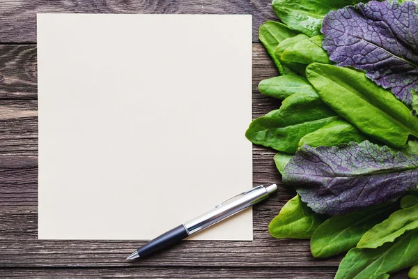 Fresh leaves of sorrel on wooden background. Rustic table with green and violet edible leaves. Place for text.