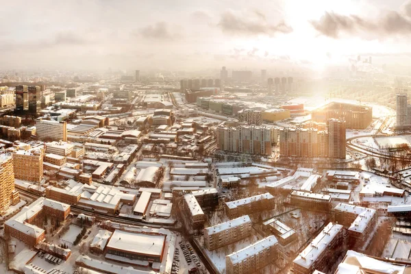 Panorama view of Moscow, Russia. Aerial view on Horoshevo district. Early winter morning, sunrise.