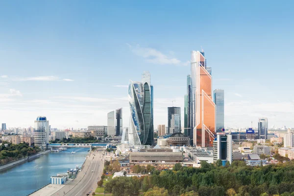 MOSCOW, RUSSIA - September 10, 2016. Large panorama view of Moscow City buildings, modern business office center on Moscow-river bank.