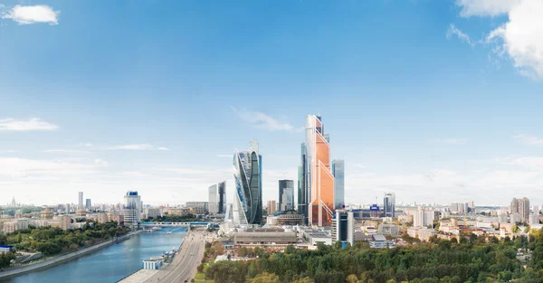 MOSCOW, RUSSIA - September 10, 2016. Large panorama view of Moscow City buildings, modern business office center on Moscow-river bank.