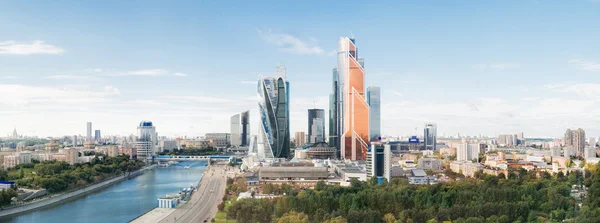 MOSCOW, RUSSIA - September 10, 2016. Large panorama view of Moscow City buildings, modern business office center on Moscow-river bank.