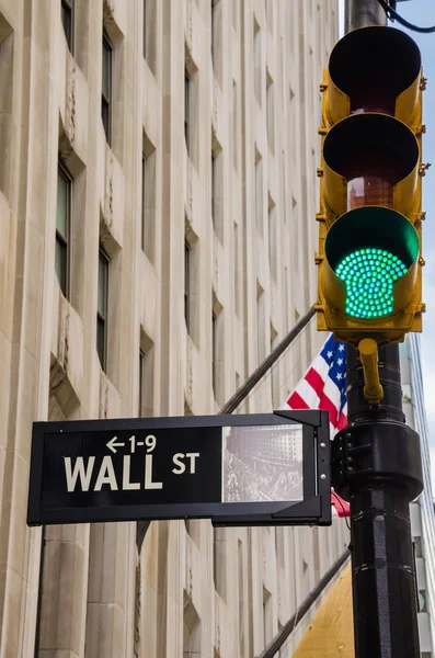 Wall Street Sign with Green Traffic Light