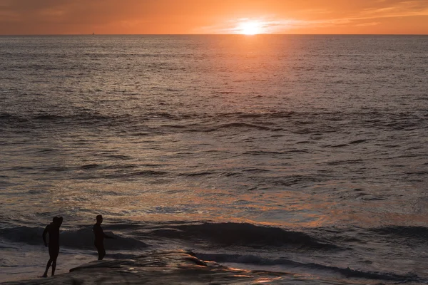 Two male surfers in Windansea beach during sunset in San Diego, California