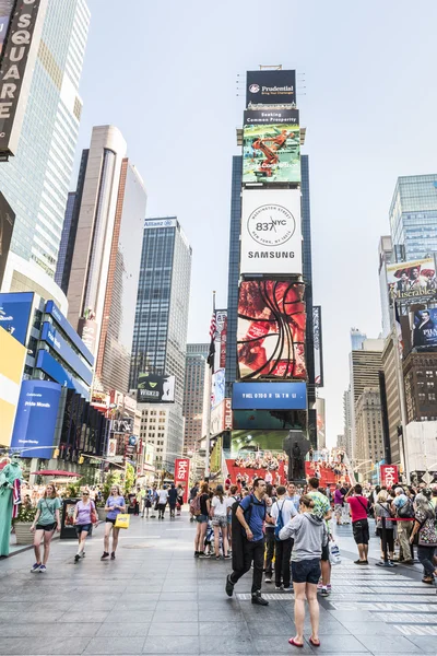New York, USA - June 18, 2016: Vertical view of busy Times square during the day with advertisements for Samsung and musicals