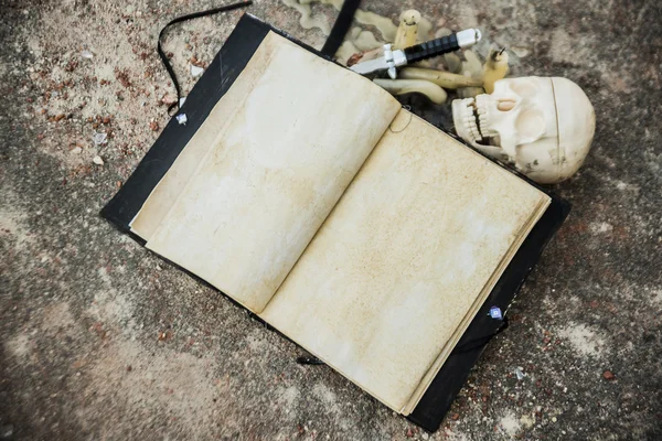 Human skull with open magic book