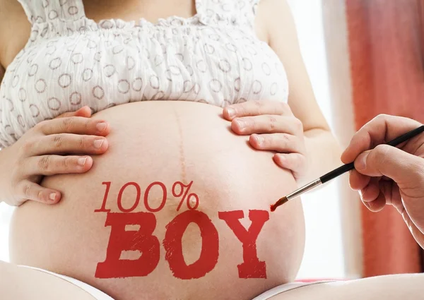 Pregnant woman with painted  text