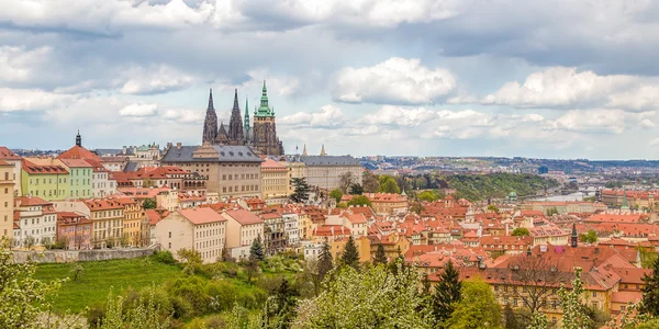 Spring Prague panorama from Prague Hill with Prague Castle, Vlta