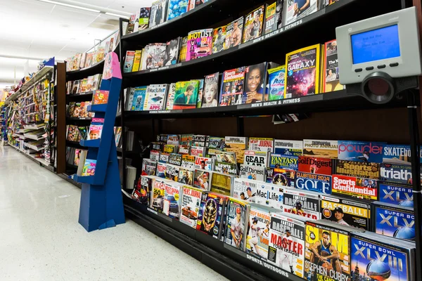 Magazines aisle in an American supermarket