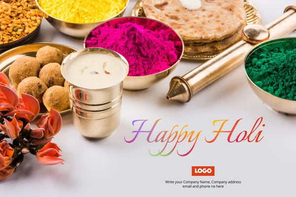 Happy holi greeting card, holi wishes, greeting card of indian festival of colours called holi, season\'s greetings, indian festival greeting, indian food & colours arranged on ground for holi greeting