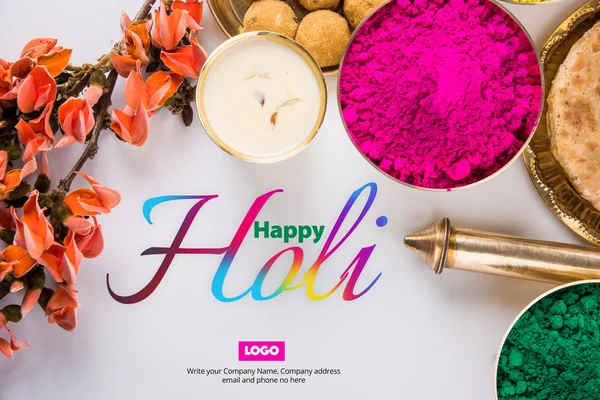 Happy holi greeting card, holi wishes, greeting card of indian festival of colours called holi, season's greetings, indian festival greeting, indian food & colours arranged on ground for holi greeting