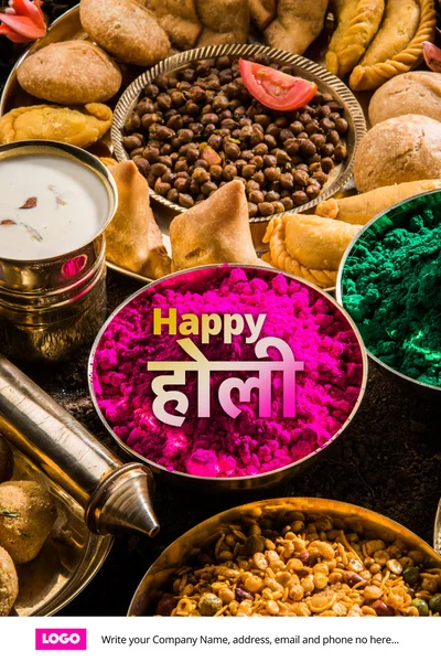 Happy holi greeting card, holi wishes, greeting card of indian festival of colours called holi, season\'s greetings, indian festival greeting, indian food & colours arranged on ground for holi greeting
