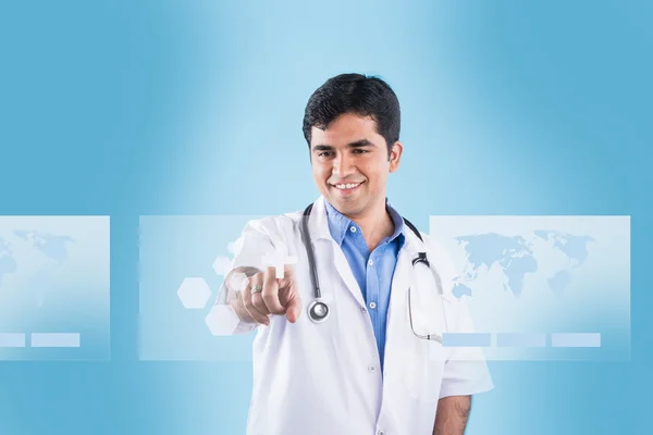 Close up of male indian doctor hand touching virtual screen, indian doctor and technology, asian doctor and technology