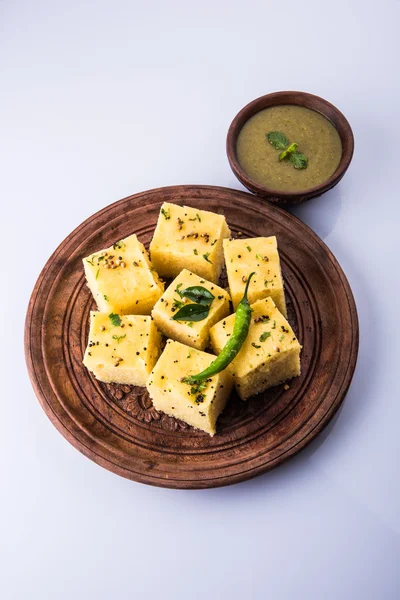 Dhokla / Indian savory snacks made of chick pea flour, selective focus