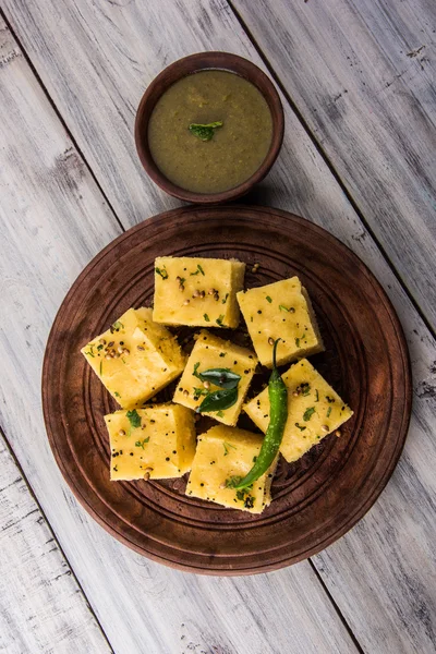 Dhokla / Indian savory snacks made of chick pea flour, selective focus