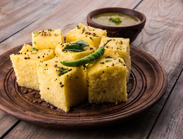 Dhokla / Indian savory snacks made of chick pea flour, selective focus