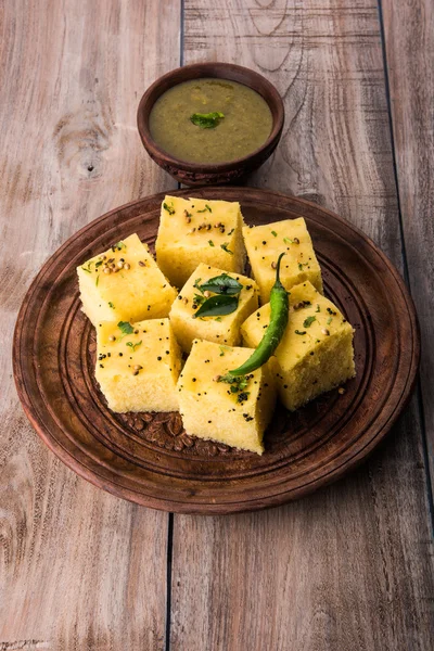 Dhokla / Indian savory snacks made of chick pea flour, selective focus