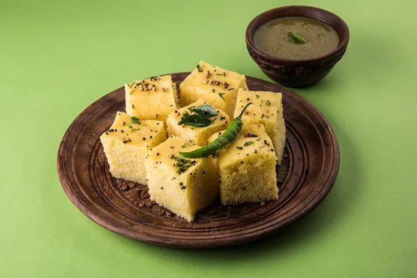 Dhokla / Indian savory snacks made of chick pea flour, selective focus