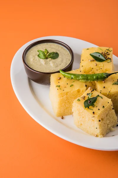 Dhokla / Indian savory snacks made of chick pea flour, selective focus