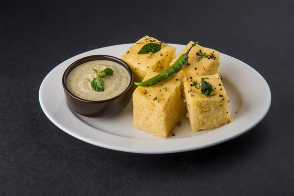 Dhokla / Indian savory snacks made of chick pea flour, selective focus