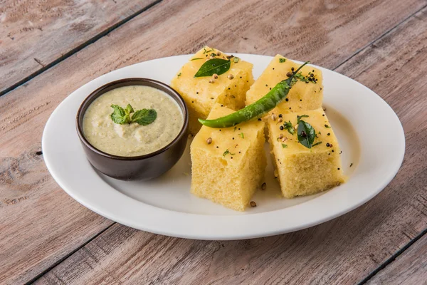 Dhokla / Indian savory snacks made of chick pea flour, selective focus