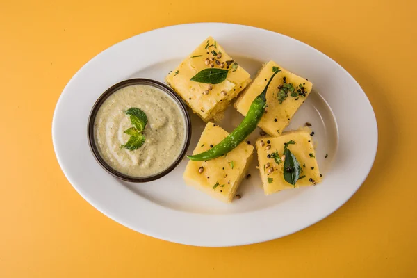 Dhokla / Indian savory snacks made of chick pea flour, selective focus