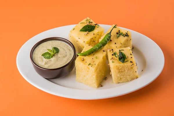 Dhokla / Indian savory snacks made of chick pea flour, selective focus