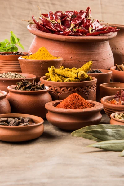 Indian spices in terracotta pots, indian colourful spices, group of indian spices, group of spices, india and spices arranged in different size terracotta pots