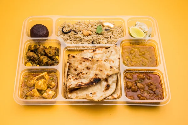 Indian vegetarian thali, Indian Thali parcel, take home food, Indian thali home delivery plate, haldiram thali, indian platter