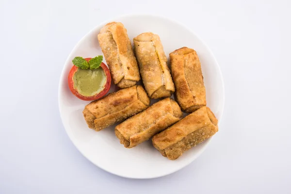 Veg roll or veg spring roll in white oval ceramic plate with tomato ketchup