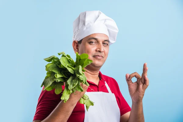 Indian male chef holding fresh green spinach leaves, asian male chef holding fresh vegetable, isolated over blue background