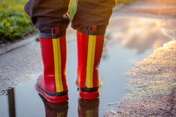 Rubber boots in puddle