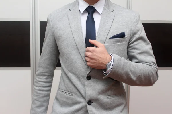 Man in gray suit with tie, tie clip and handkerchief