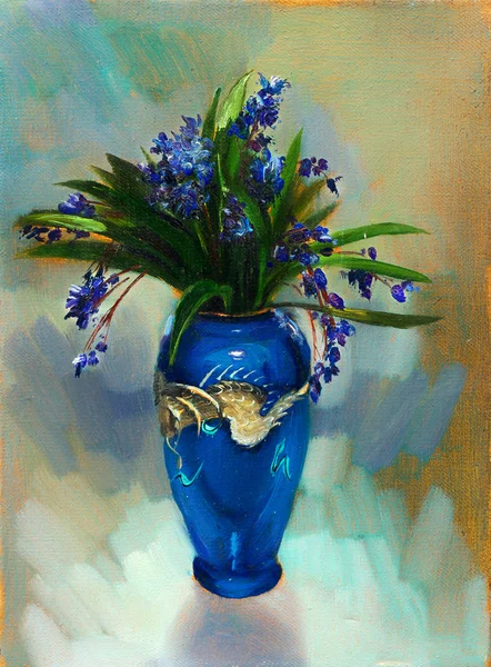 Oil painting still life with  blue flowers in the Chinese vase with dragon