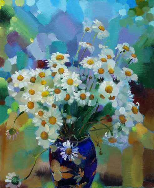 Oil painting still life with  purple  chamomileflowers