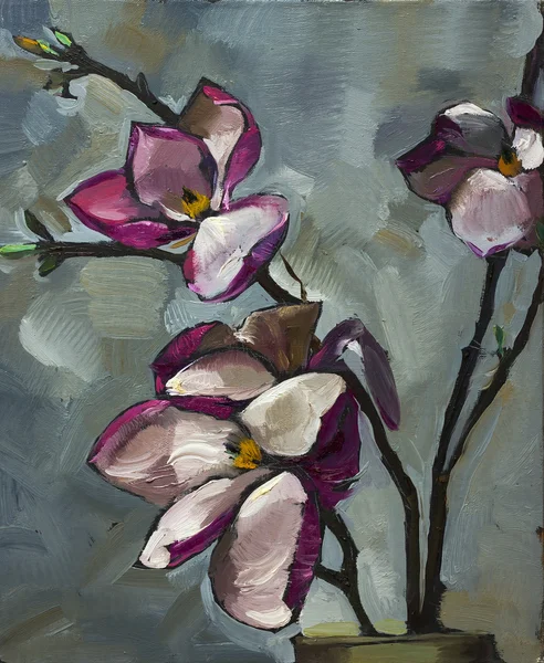 Oil painting still life with  purple  magnolia flowers