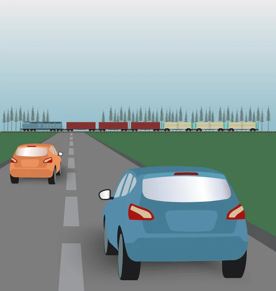 Vector landscape background: road with cars in green valley and  freight train. Flat design.