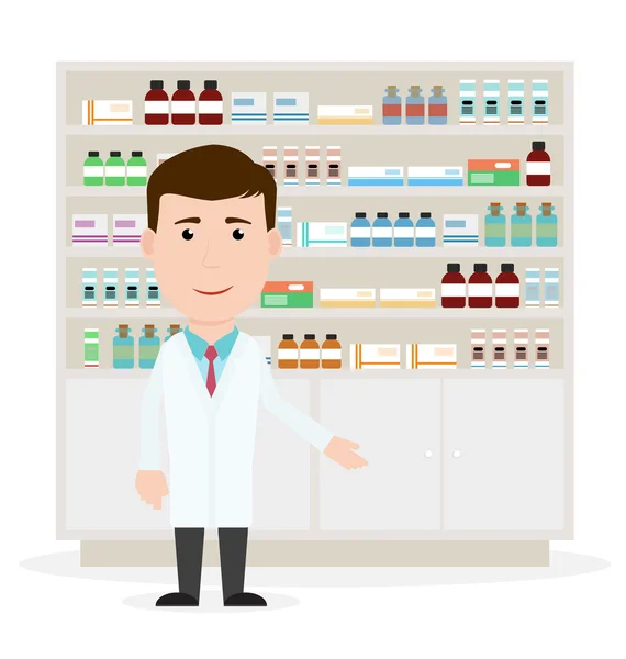 Modern flat vector illustration of a male pharmacist showing medicine description at the counter in a pharmacy opposite the shelves with medicines. Health care. Vector illustration.
