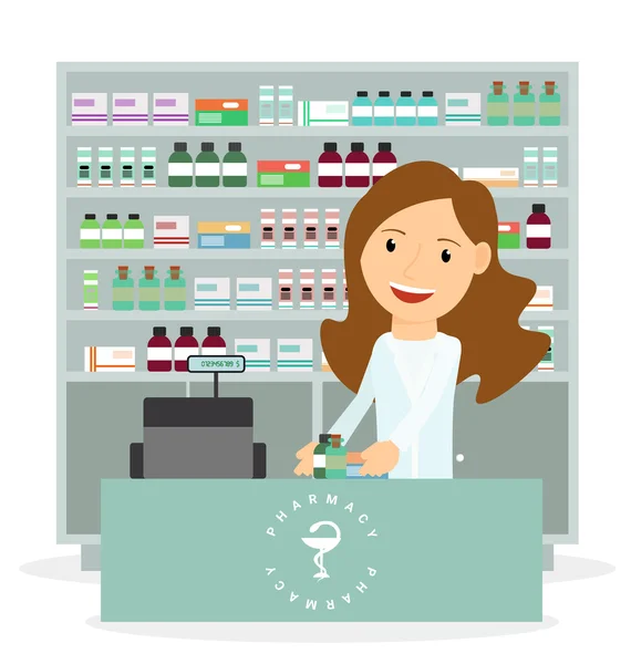 Modern flat vector illustration of a female pharmacist showing medicine description at the counter in a pharmacy opposite the shelves with medicines. Health care. Vector illustration.