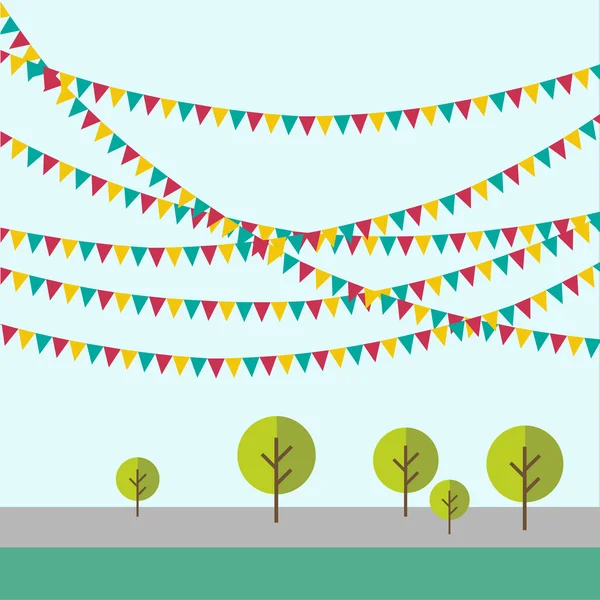 Birthday, holiday, festival decoration outdoor in flat style. Flags, garlands.