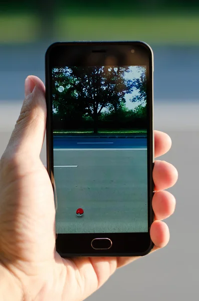 Smartphone in hand guy catches a Pokemon on the road