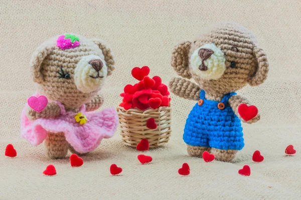 Lovely couple baby bears crochet doll with hearts basket