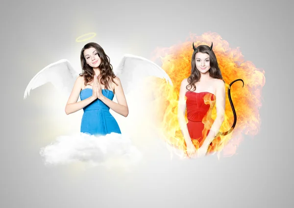 Beautiful young woman as devil and angel