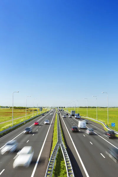 Highway through grassy fields on a sunny day, The Netherlands