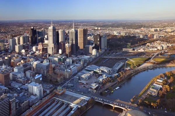 Skyline of Melbourne, Australia photographed from above at sunset