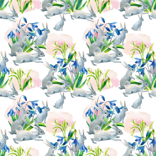 Rabbit in spring. Watercolor seamless pattern